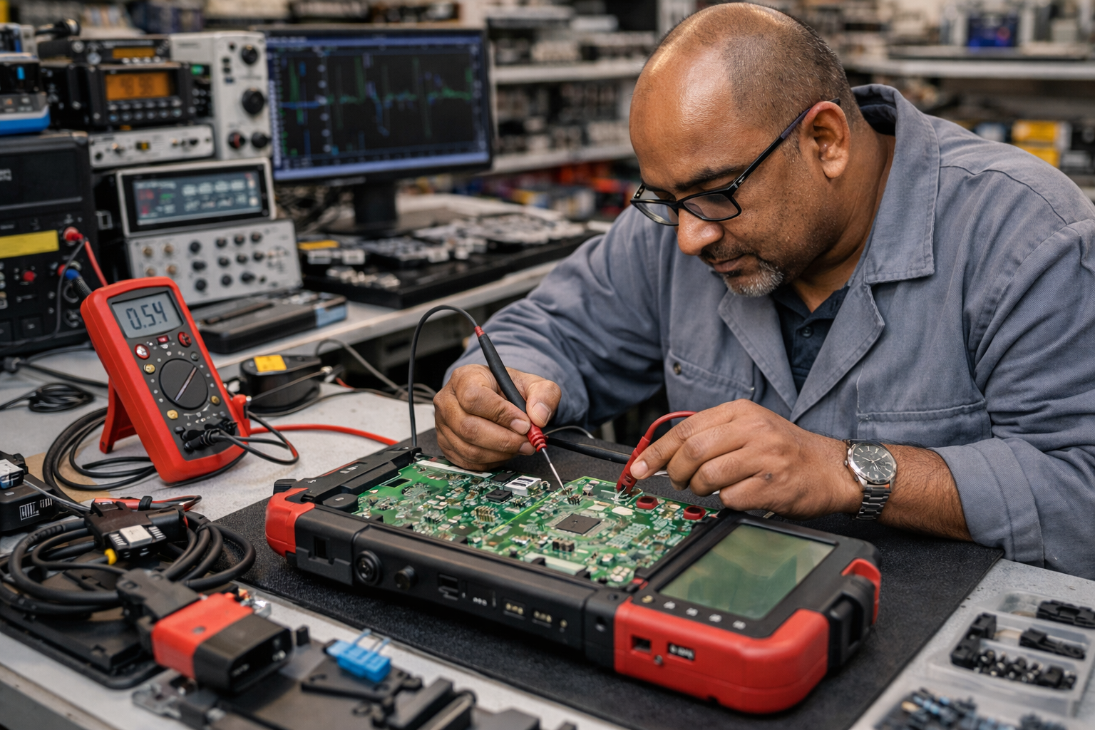 Technician repairing a car diagnostic tool