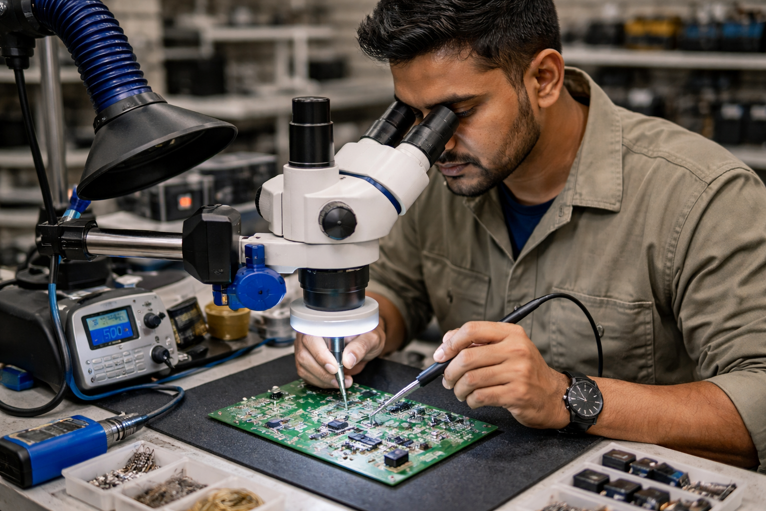 Technician repairing PCB with precision